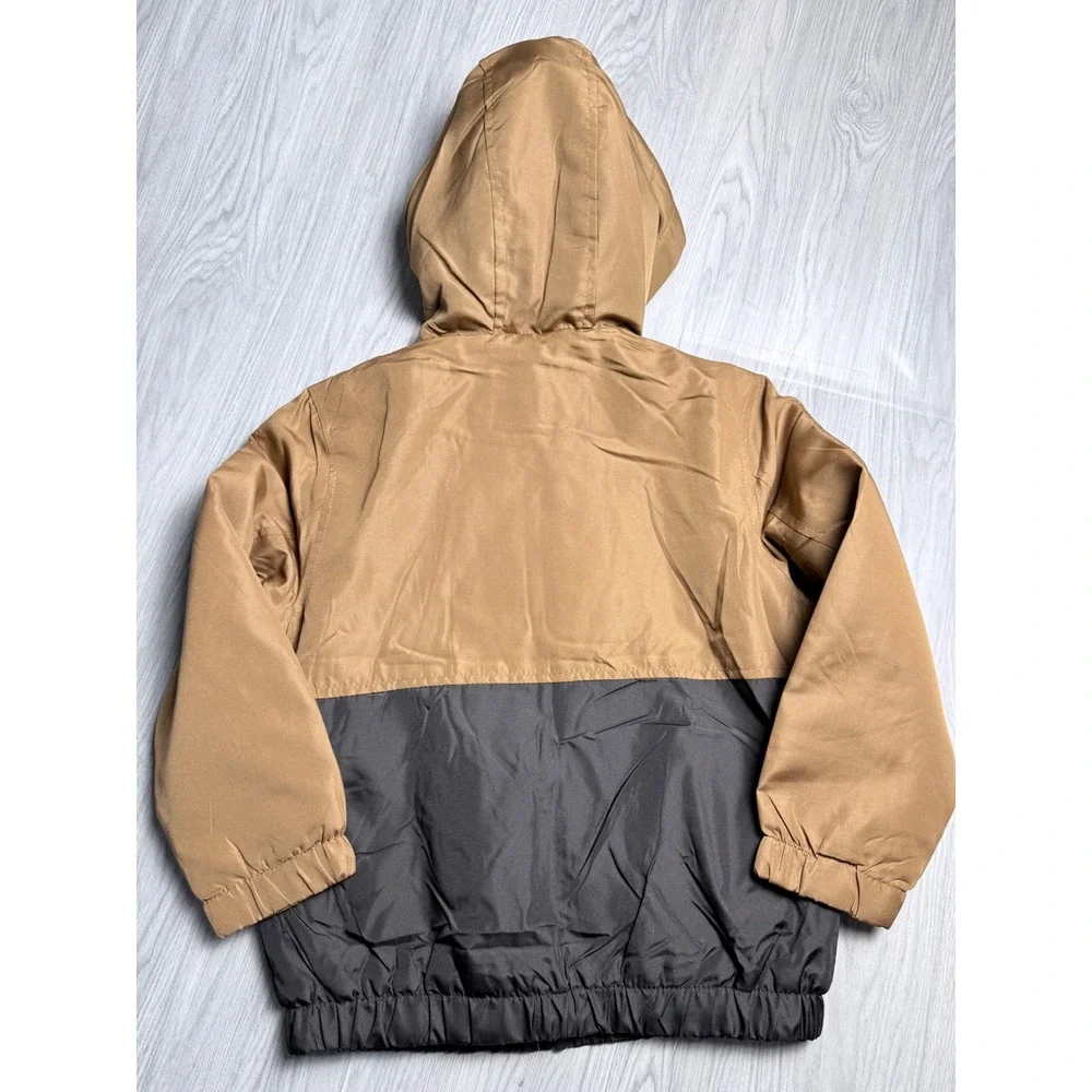 Distortion Kids Hooded Fleece Lined Windbreaker Jacket Tan Black Size S 4 NWT
